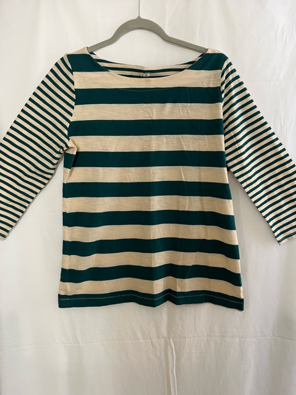 LOFT Teal and Cream Striped Boatneck Top 100% cotton